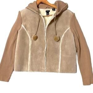 Q.U.E. Suede Leather Shearling Knit Coat Jacket Camel Tan Size XL